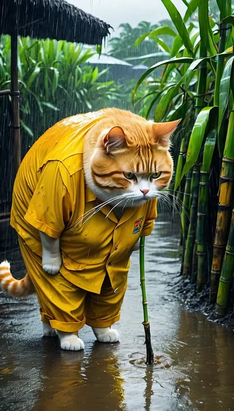 A sad orange fat cat, old pants, yellow shirt, one is stealing sugarcane from the locals, heavy rain, wind, strong thunder, 8k