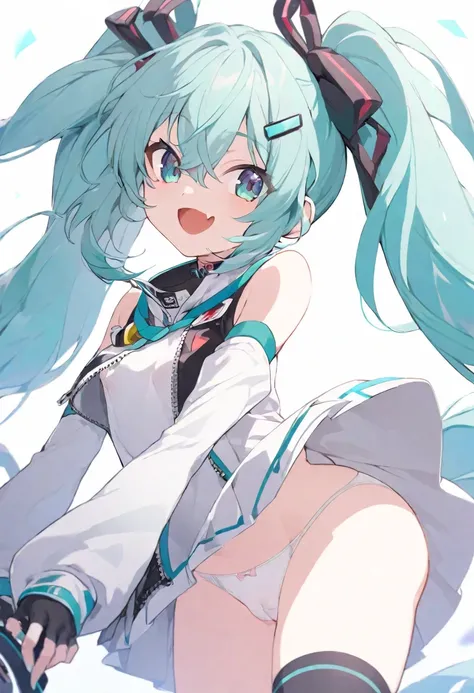  goodsmile_racing vocaloid hatsune_miku racing_miku racing_miku_(2023) absurdres commentary_request highres 1girl aqua_eyes aqua_hair ass black_gloves black_socks cameltoe crossed_bangs detached_sleeves fang fingerless_gloves from_below gloves hair_between...