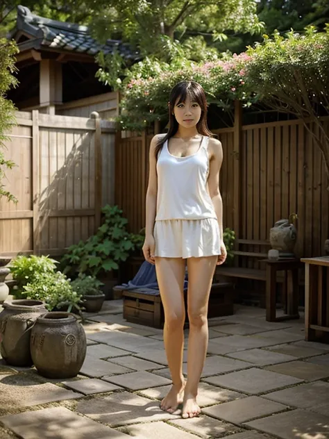 Barefoot Japanese adult woman wearing a tank top、garden、Natural light only、stand