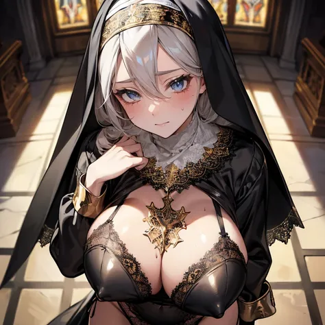 (((milf))),((Nun)),masterpiece, Gray Hair,highest quality,Very detailed, Dynamic Angle, ((Perfect hands)), Fine, shiny skin, Thinning hair, Beautiful Eyes), Great background, meaningful background, Absurd background, artistic overlay,The style is surrealis...