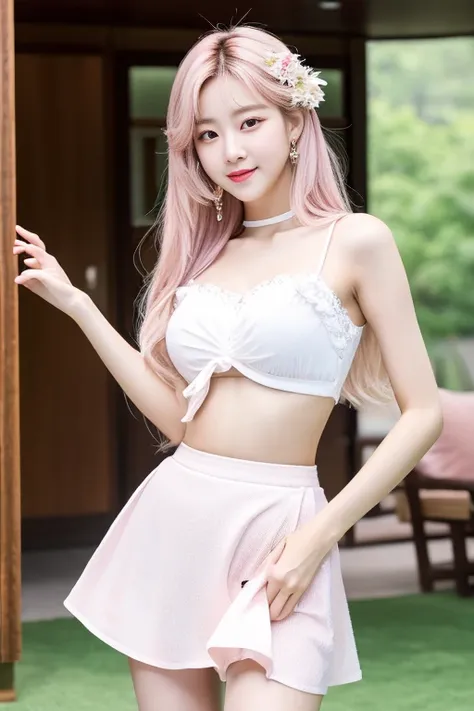 best quality，masterpiece，HD，Clear face，Attractive appearance，Clear face，Exquisite portrait，A Korean beauty idol，Girl group facade，Good at dancing，Pink and white belly-revealing skirt，Korean makeup，long white hair，Small waist，girl group legs，Difficult moves