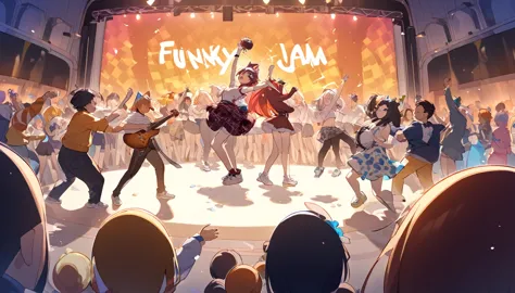 a live band playing funk music with a crowd of people dancing - "funky jam session",cat ear