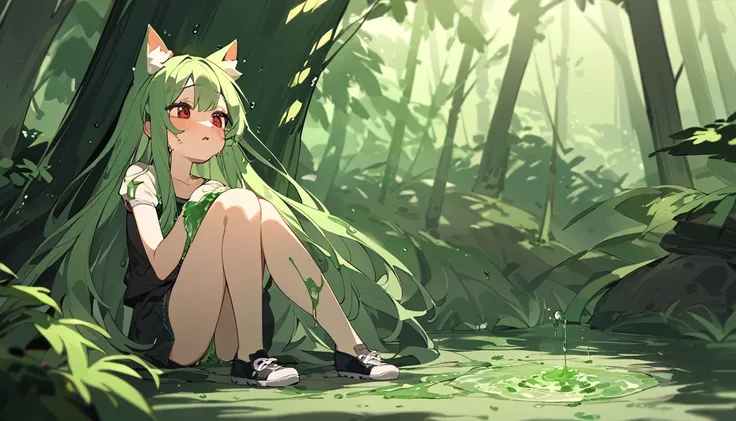 Cute girl, melted mucus, sticky liquid, green puddle, cute girl, woman with long hair, moving mucus, cat ears, in the forest,red