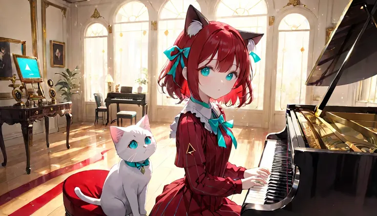 (masterpiece, best quality, very aesthetic, absurdres,general) ,
1girl, solo,、music room、Girl playing classical piano、Cat ear、clear eyes,artificial intelligence,Glowing triangular magic circle,Sad expression,BREAK ,beautiful girl,  red cut dress,Turquoise ...