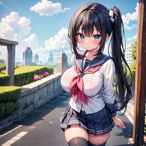 highest quality,wonderful,finely,extremely detailed CG Unity 8K wallpaper,  (1 girl, Black Hair, side ponytail, clothed),(huge breasts:1.1),(Sailor suit:1.3), (zettai ryouiki:1.4)