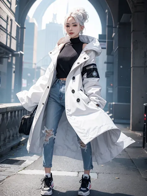 1 woman with a beautiful face, sweet smile, white hair, black eyes, white skin, pink mouth, wearing snowflake pattern earrings, black long-sleeved coat, floating waist, white undershirt, jeans, blue sneakers.