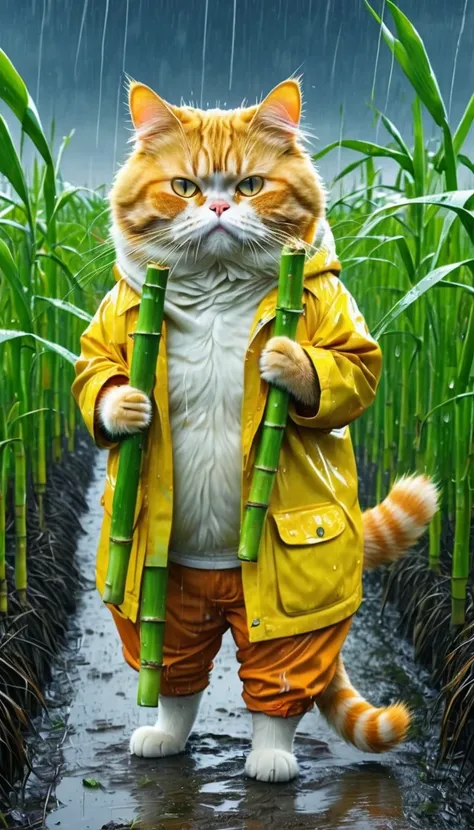 Poor orange fat cat, old pants, a yellow jacket cutting sugarcane in the fields, heavy rain, wind, strong thunder, 8k