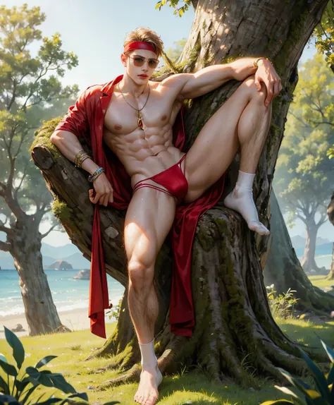 HD quality, high definition,male 18 years old handsome, muscular and slim, red lips, leaning against an old tree, naked and wearing thong, model with bracelets, earrings and Necklace, wearing head band and sunglasses, full sexy body, wearing socks, 