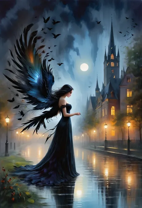 （dark atmosphere，Goethe-Mode，helle Farben），（best quality，Super exquisit，），sexy Gothic-Rabe，Rosengarten bei Nacht，Crow feathers，black crow，Das Mondlicht spiegelt ihre elegante Silhouette，Weiche Schatten und weiche Glanzlichter，Contrasting colors create a li...