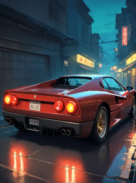 Detailed raw HD photo medium-distance photo of a (ferrari) with a big spoiler, showroom, parked in a parcade (darkly lit, dimly lit, discreet) grunge , menacing urban environment, metal tubes, concreating, decay, micro-details, hyperdetailed, raytracing, r...