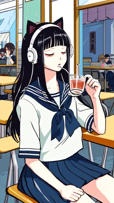 An illustration，anime，Japanese Manga，Emotional，Long black hair junior high school girl，headphone，Drinking tea at a cafe，Cat，1 person，Sailor suit，white