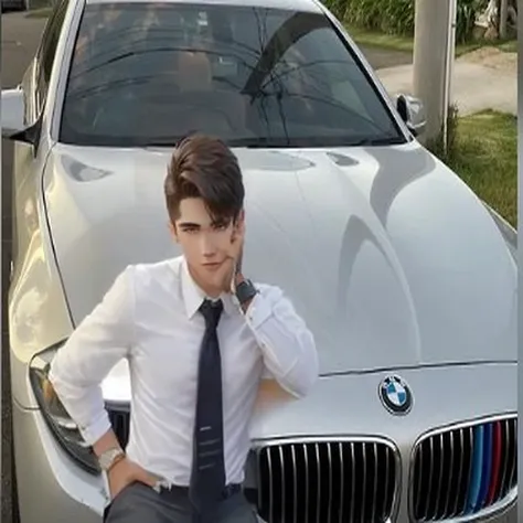 a young man.wear white shirt.Black suit pants.Wear blue tie.with a smile on face.Standing against the hood of a BMW.Cross your hands on your chest.young man with short hair.masterpiece, best quality, ( 8k wallpaper), (best quality), (real photos),, 