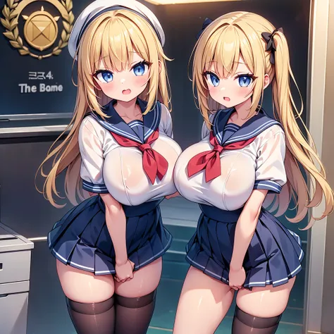 highest quality,wonderful,finely,extremely detailed CG Unity 8K wallpaper, (Stand in line:1.2), (3 girls, cute eyes, sailor uniform, clothed), (huge breasts), (open mouth:1.1), (long tongue:1.1), (mouth drool:1.1), (black stockings:1.1),(Thighs:1.1),(Waist...