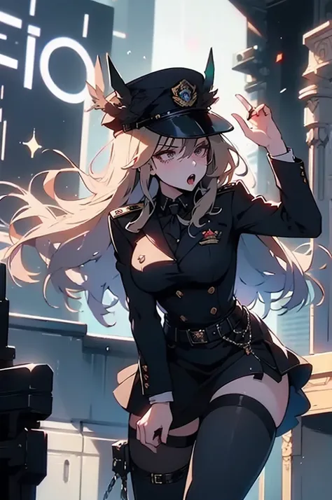 (masterpiece, best quality:1.4),lighting, police, pantyhose, (boobs big 1.2) ,high heels,police woman, leather police uniform, police hat, pissed off, mini skirt