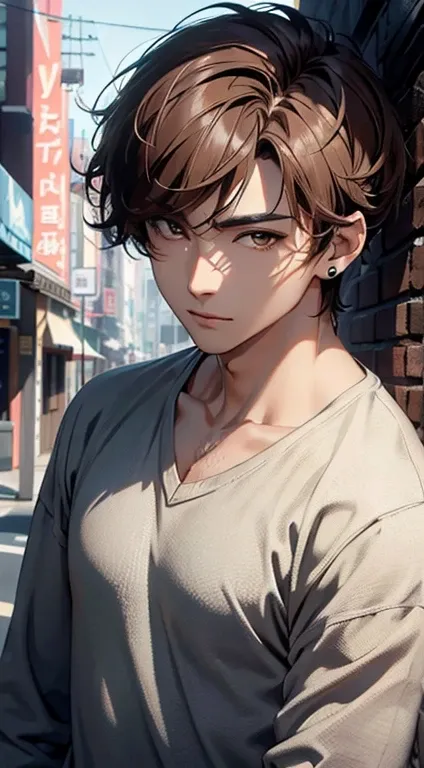 (High resolution、Super detailed)、masterpiece、highest quality、male 、solo、Handsome、short hair、Brown hairy eyes and detailed face、Casual clothing、True Shadow、joy、Connect your ears、Upper body、