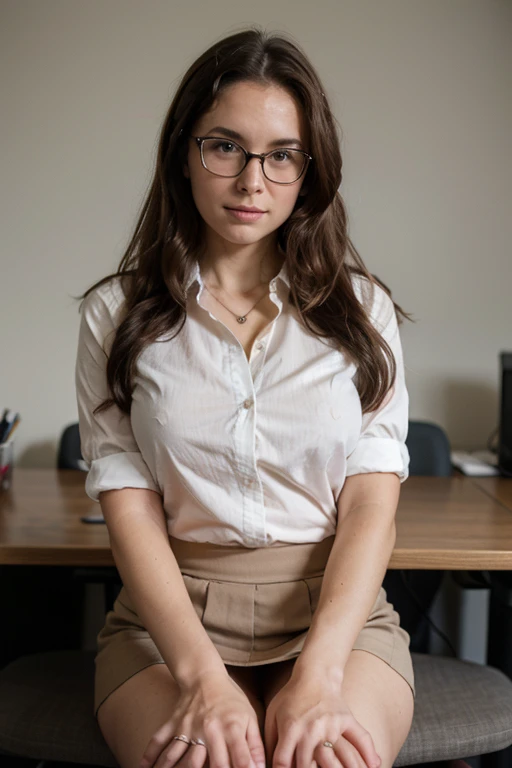 ((best quality)), ((masterpiece)), full body picture of white woman with long curly brown hair, office setting, short skirt, glasses, unbuttoned shirt, sitting on table, legs crossed