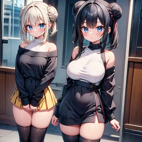 highest quality,wonderful,finely,extremely detailed CG Unity 8K wallpaper, (1 girl, Black Hair, double bun), (huge breasts:1.1),(off-shoulder sweater:1.3), (zettai ryouiki:1.4)