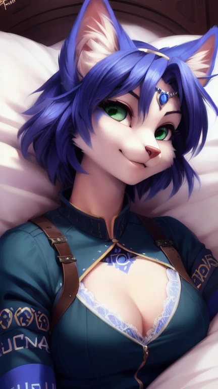 A beautiful and detailed (sweet portrait) von ((Krystal)), Sternenfuchs Krystal, Schlank, liebenswert, green eyes, medium breasts, (((Lange blaue Haare 1.3))),  Dekollete, Grinsen, hoch schauen,, anthro, Pelzig, Hochgeladen E621, detailed flauschige fur, (...