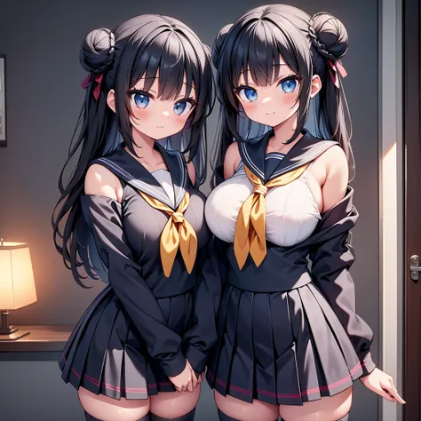 highest quality,wonderful,finely,extremely detailed CG Unity 8K wallpaper, (1 girl, Black Hair, double bun), (huge breasts:1.1),(off-shoulder sailor uniform:1.3), (zettai ryouiki:1.4)