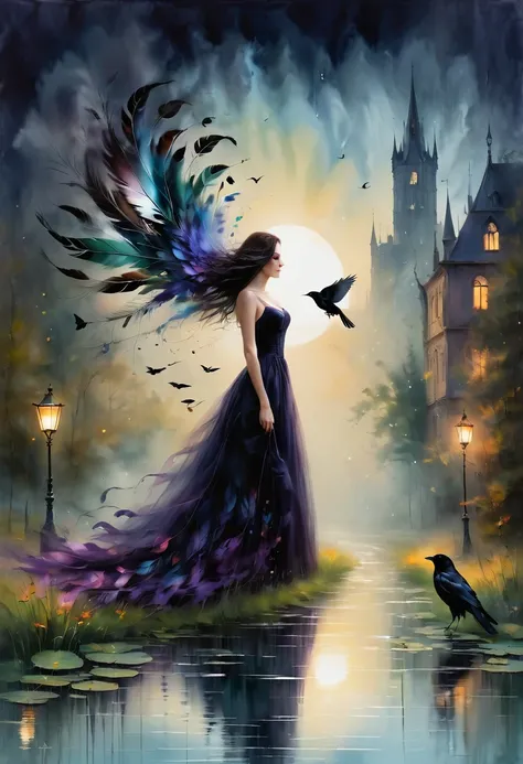 （dark atmosphere，Goethe-Mode，helle Farben），（best quality，Super exquisit，），sexy Gothic-Rabe，Rosengarten bei Nacht，Crow feathers，black crow，Das Mondlicht spiegelt ihre elegante Silhouette，Weiche Schatten und weiche Glanzlichter，Contrasting colors create a li...