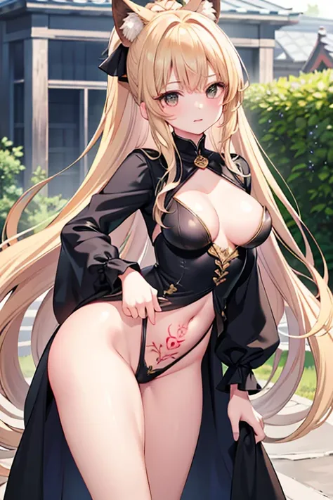 original, Intricate details, figure, masterpiece, Highly detailed CG Unity 8k wallpaper, highlight, whet, dynamic, Bokeh, , Beautiful girl with animals_ears and hair_ornament、Blonde、ponytail、Braided long hair、Small breasts、Cleavage:1.3、curvaceous body shap...