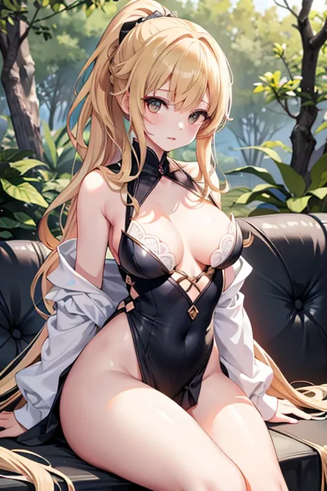 original, Intricate details, figure, masterpiece, Highly detailed CG Unity 8k wallpaper, highlight, whet, dynamic, Bokeh, , Beautiful girl with animals_ears and hair_ornament、Blonde、ponytail、Braided long hair、Small breasts、Cleavage:1.3、curvaceous body shap...