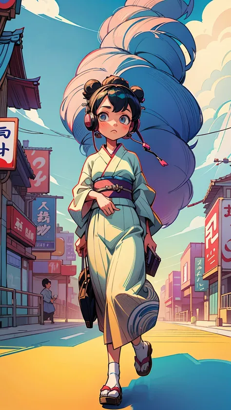 (Painting:0.5)、(Put on your headphones:1.0),Cute girl walking on the street、high school girl、kimono、Art Wallpapers、The city of Edo、City pop style illustration