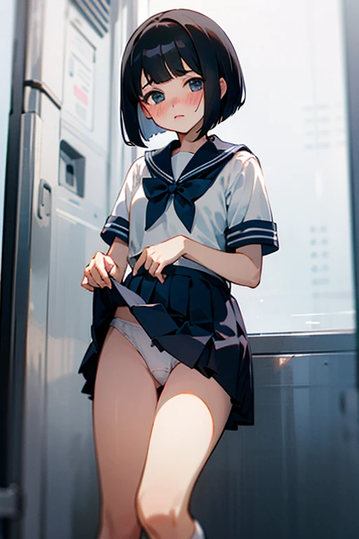 One girl、uniform、Sailor suit、Dark blue pleated skirt、White socks、White panties、Black Hair、Bobcut、Short sleeve、Lift up your skirt yourself、blush、