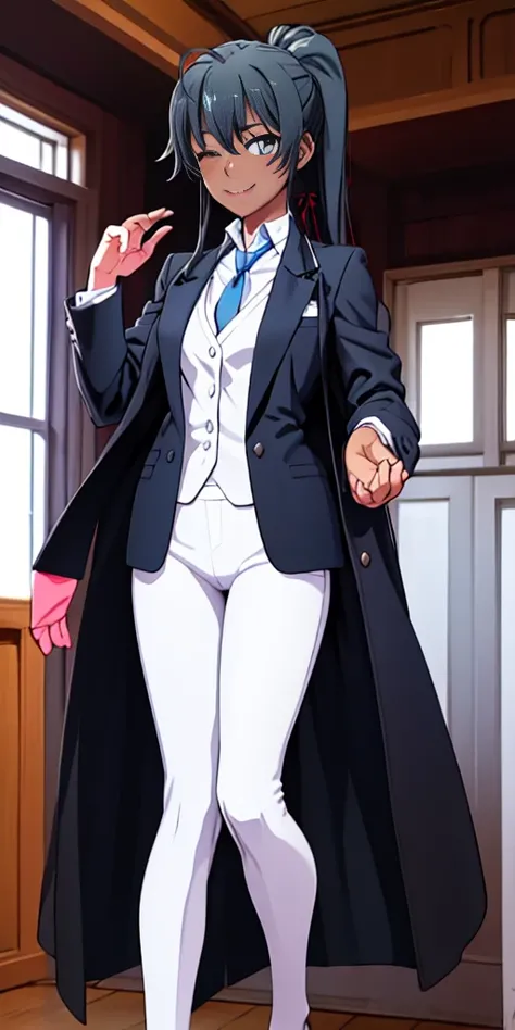 ((best quality)), ((masterpiece)), (detailed) 1girl 1girl, ;), blurry, blurry_background, breasts, , hair_ponytail ribbon, looking_at_viewer, ok_sign, one_eye_closed, open_hand, Yukinoshita Yukino ,Woman wearing formal clothes, An attractive coat stands in...