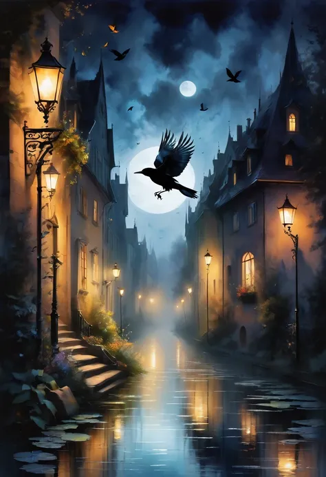 （dark atmosphere，Goethe-Mode，helle Farben），（best quality，Super exquisit，），sexy Gothic-Rabe，Rosengarten bei Nacht，Crow feathers，black crow，Das Mondlicht spiegelt ihre elegante Silhouette，Weiche Schatten und weiche Glanzlichter，Contrasting colors create a li...