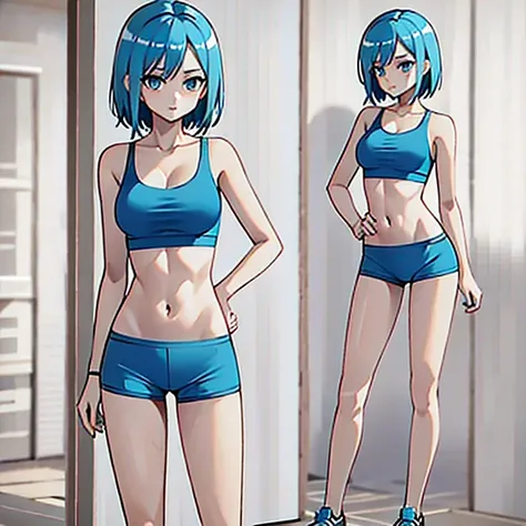 Slim athletic woman, shorts blue hair, blue sports bra, blck spandex shorts, boyshorts, athletic socks, knee high socks, sneakers, standing, sexy, beautiful, public, shy