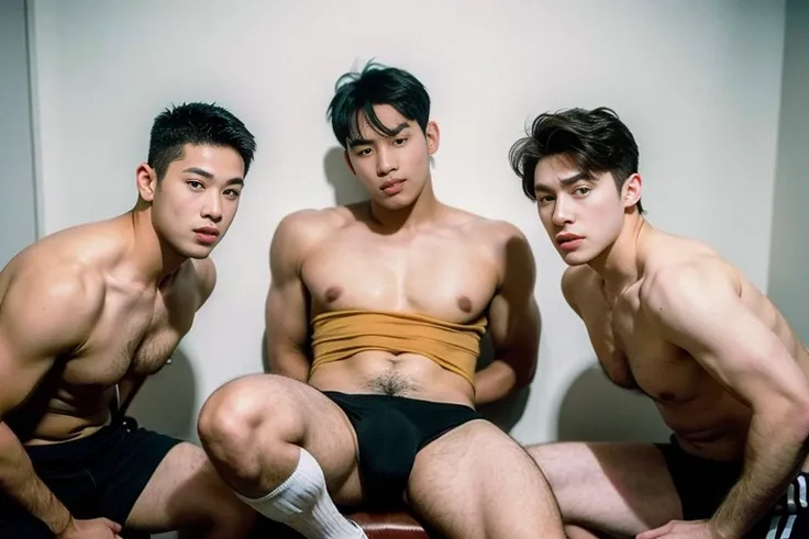 3 young people，Handsome，musculous，hairy bodies，athletic sneakers，White  socks, micro thongs, （Detailed eyes：1.3），Black eyes，full bodyesbian，penis , dick , scrotum