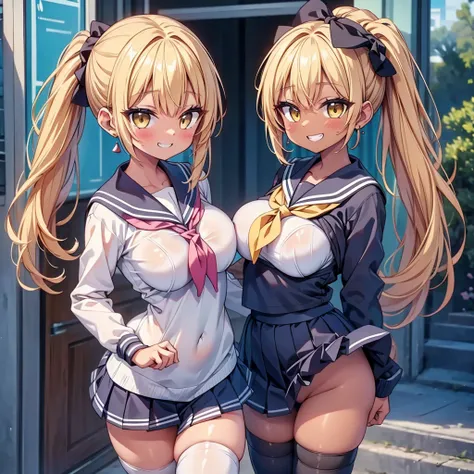 highest quality,wonderful,finely,extremely detailed CG Unity 8K wallpaper, (1 Girl,blonde, Yellow Eyes, Low Ponytail, Scrunchie, Earrings、Wicked Smile), (Grin:1.1), ((Brown Skin:1.2), (midium breasts:1.1),(sailor uniform:1.3), (bra lift:1.2), (zettai ryoui...