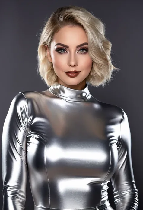 hyperrealistic beautiful busty 30-year-old women in ultra shiny silver jumpsuit, model shooting mugshot photography, dyed blonde classic bob, dark eye makeup with eyeliner, seductive smile, 8K, best quality, Meisterwerk, ultra high resolution, (Realismus: ...