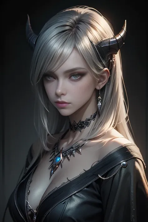 Ancient, noble demon, Vivian, silver hair, rings, female creature, prehistoric era, heiress, Extremely realistic shading, masterpiece, extremely detailed, photorealistic, perfect lighting,