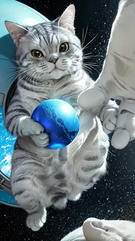 a cat wearing a space helmet is floating in the universe, surrounded by aliens. the cat's fur is highly detailed and realistic, ...