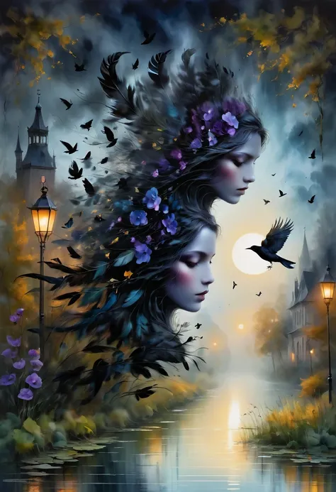 （dark atmosphere，Goethe-Mode，helle Farben），（best quality，Super exquisit，），Gothic-Rabe，Rosengarten bei Nacht，Crow feathers，black crow，Das Mondlicht spiegelt ihre elegante Silhouette，Weiche Schatten und weiche Glanzlichter，Contrasting colors create a lively ...