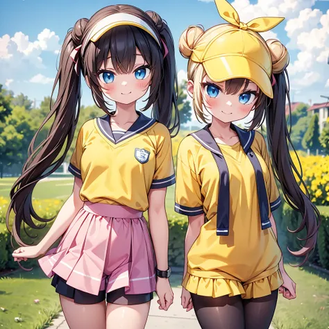 masterpiece, highest quality, High resolution, RO1, Hair Bun, blue eyes, Twin tails, Visor Cap, pantyhose, Raglan sleeves, Yellow shorts, shirt, Pink ribbon, watch, Are standing, Cowboy Shot, Field, Pokéball (Basic), smile