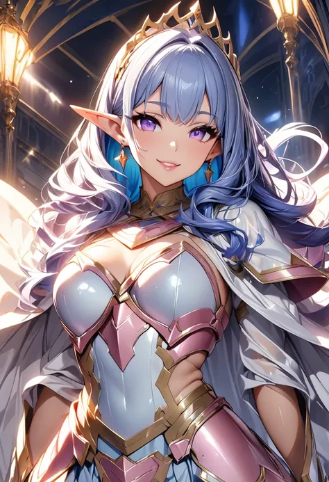 masterpiece、highest quality、Ultra-high resolution、Maximum resolution、Very detailed、Professional Lighting、anime、Adult women、thin、so beautiful、smile、dress、((Pink and white armor))、Shiny Armor、White decoration、Gorgeous tiara、Golden earrings、Blue Hair、purple e...