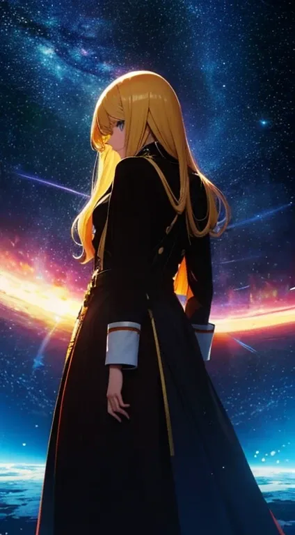 １people,Blonde long-haired woman，Long coat， Dress Silhouette， Rear View，Space Sky, The boundary between sea and space，Space Pirates，emeraldas，