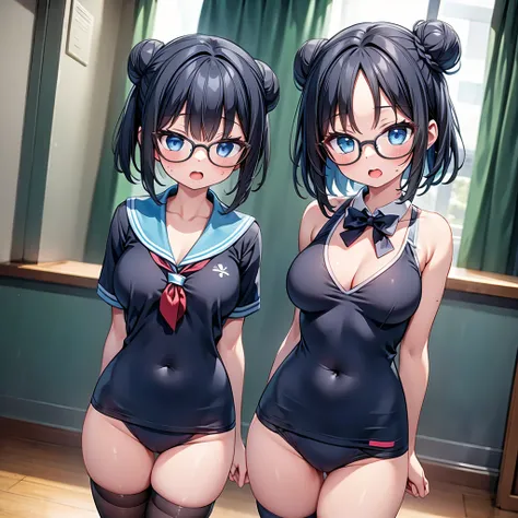 highest quality,wonderful,finely,extremely detailed CG Unity 8K wallpaper, (1 Girl,Black Hair, Blue Eyes,Glasses, short hair, double bun), (midium breasts:1.2), (school swimsuit:1.1), (Bare shoulders:1.1), (clavicle:1.1), (open mouth:1.2), (long tongue:1.2...