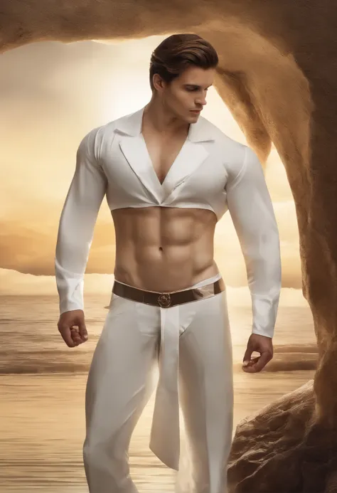 male，Slightly fat，The pectoral muscles are well developed，Wearing a low-waisted, soaking white thong underneath，bulge，The outline of the device can be clearly seen，kneeling position，pair，push forward，Viewed from the crotch，expression，Take off your thong be...