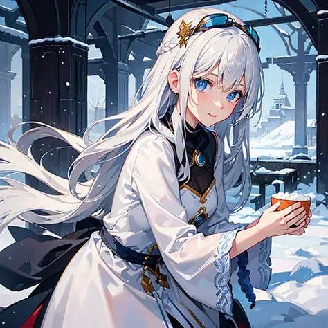 ((Very detailed)), 4K, ((Cinema Lighting)), close, Fantasy World, snow, market, marketの屋台, Adult female, dirty, guard,White-silver hair color，Wear goggles on your head, blue eyes, ((Beautiful Eyes)), Happy expression, Hold the cannon，white fluffy fur