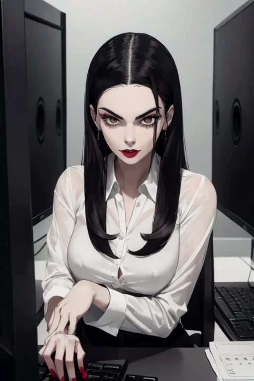 Vampira con tez muy blanca con cabello muy negro, middle-parted hairstyle and brown eyes in front of a very stressed computer