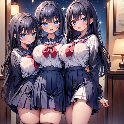 (cute eyes:1.2), (sparkling eyes:1.2),highest quality,wonderful,finely,extremely detailed CG Unity 8K wallpaper, (Stand in line:1.2), (3 girls, sailor uniform, clothed), (huge breasts), (open mouth:1.1), (black stockings:1.1),(Thighs:1.1),(Waistline:1.1),(...