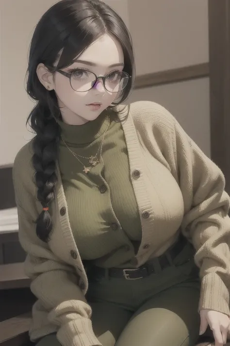 (masterpiece1.5),adult lady,Huge breasts,Solo,(((braid))), Long hair, half-opened mouth,(Red Frame Glasses),(Black hair), (large eyes with double eyelids),(Thick lip),(lofty nose),(High gauge (tight fitted:1.1) (Black:1.3) turtle neck:1.1), (Tuck-in:1.3), ...