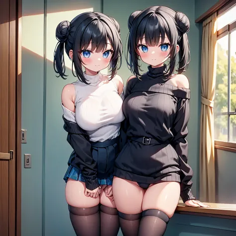 highest quality,wonderful,finely,extremely detailed CG Unity 8K wallpaper, (1 girl, Black Hair, double bun), (midium breasts:1.1),(off-shoulder sweater:1.3), (black stockings:1.1),(Thighs:1.3),(Waistline:1.3)