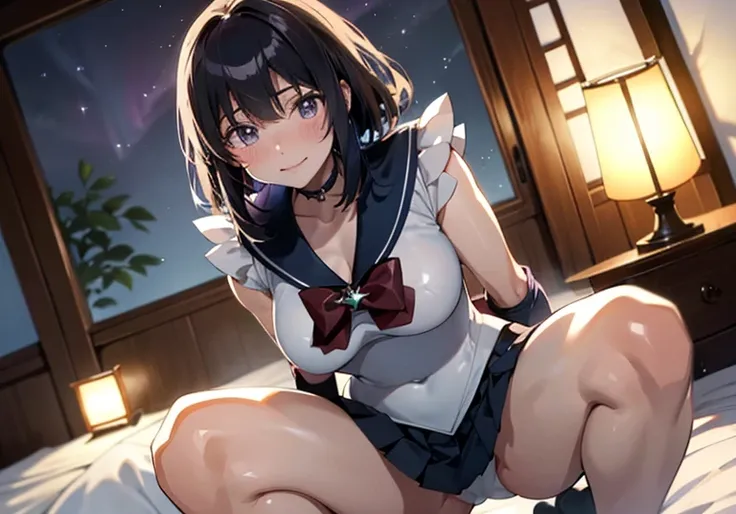 master piece,best quality,ultra detailed,8k,
ambient light,realistic skin,glossy skin,cute,
（sailor_saturn）、
（lie on bed）、（squatting, spread legs）、（the body is very wet：1.5）、Glossy lips、Slightly emphasize the lower lip、blush、smile、emphasizing the cleavage、...