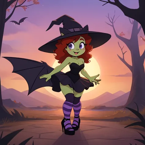 a tall and slender fairy-witch with light green skin, curly, vibrant red hair, bright light blue and graphite gray eyes, dainty, dark-violet bat wings, wearing green and violet striped leggings, worn beneath a low-cut, strapless black dress with cleavage t...