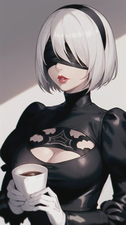 yorha no. 2 type b, 1girl, wlop, (blindfold), breasts, cleavage, cleavage cutout, clothing cutout, Nier background, hair between eyes, hairband, highres, juliet sleeves, long sleeves, nier (series), nier automata,  puffy sleeves, red lips, shaded face, sho...